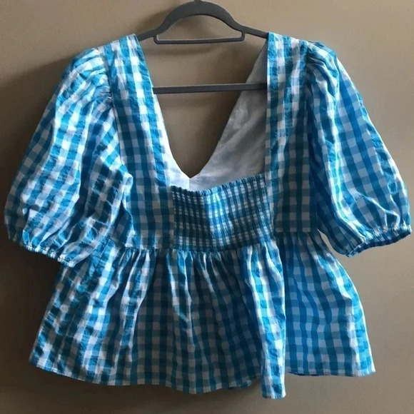 Lilly Pulitzer Sarafina Short Sleeve turquoise gingham top puff sleeve Sz 12 New - Picture 9 of 11